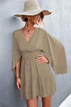 Damen lässiges Wickelkleid mit voluminösen Ärmeln und Knopfdetails R&B