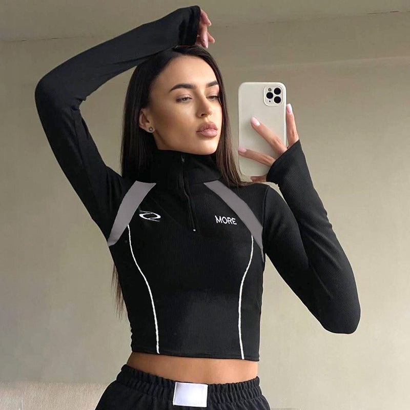 Damen Sportliches Kurzarm-Top mit Reißverschluss und kontrastierenden Nähte R&B