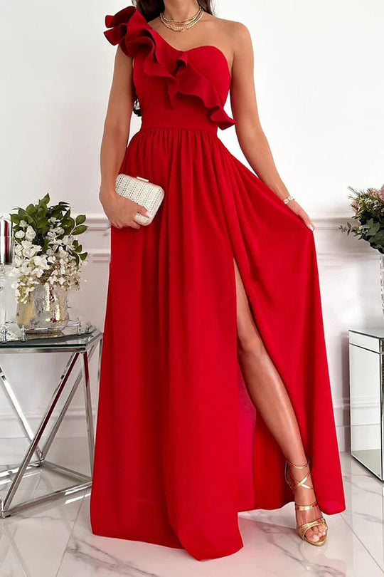 Damen Maxikleid mit asymmetrischem Schnitt und voluminösem Rüschendetail R&B