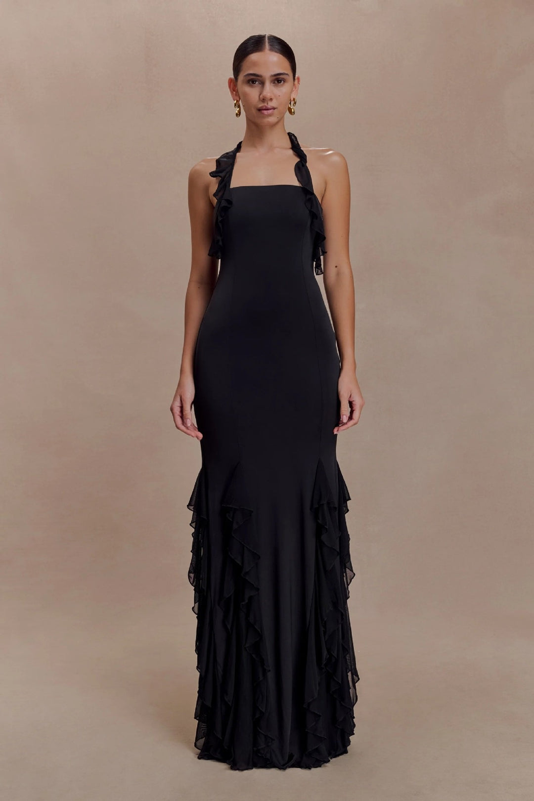 Damen Elegantes Langarm-Maxikleid mit Rüschendetails R&B