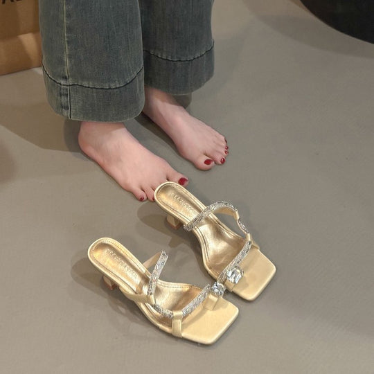 Damen elegante Riemchen-Sandalen mit funkelndem Akzent und komfortablem Absatz R&B
