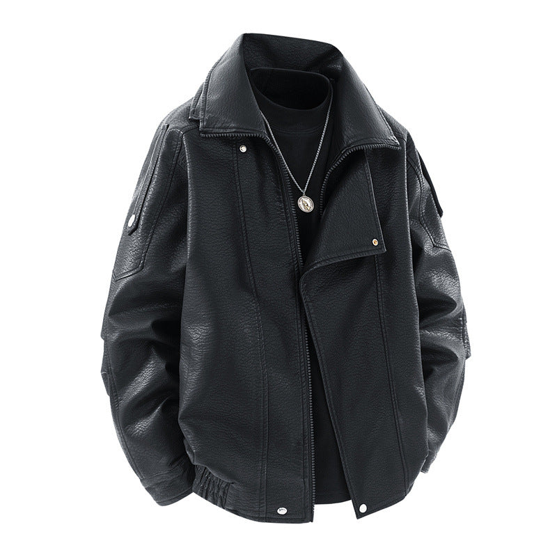 Damen modische Kunstlederjacke mit hohem Kragen und praktischen Seitentaschen R&B