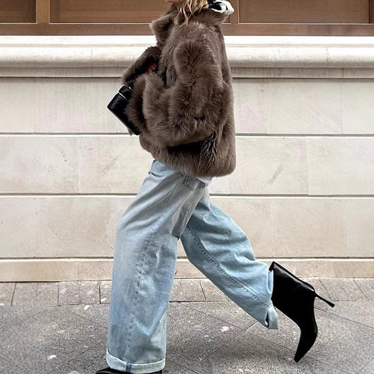 Damen Kunstfelljacke mit hochschließendem Kragen und luxuriösem Design R&B