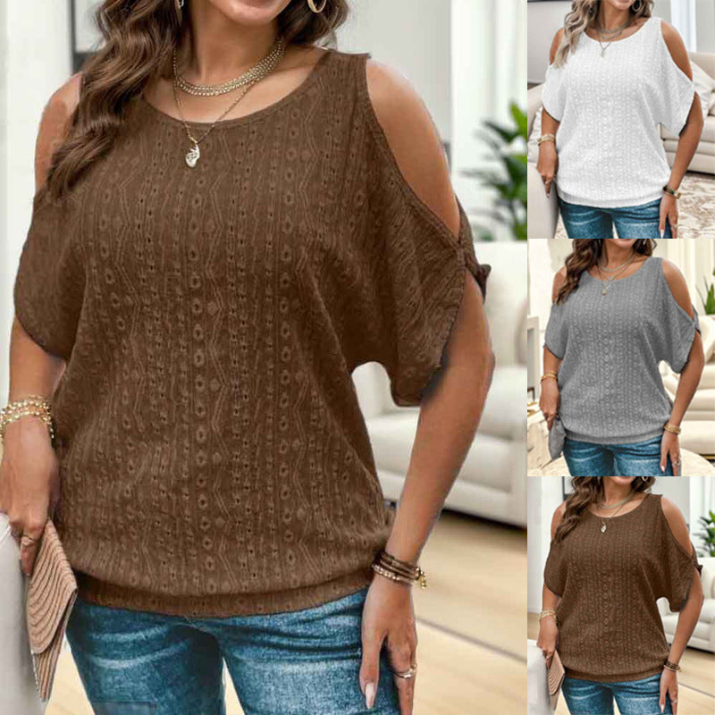 Damen modisches Oberteil mit offenen Schultern und strukturierter Stricktextur R&B