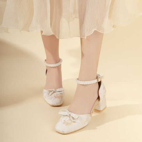 Damen elegante Pumps mit zierlichem Schleifenakzent und perlverziertem Riemen R&B