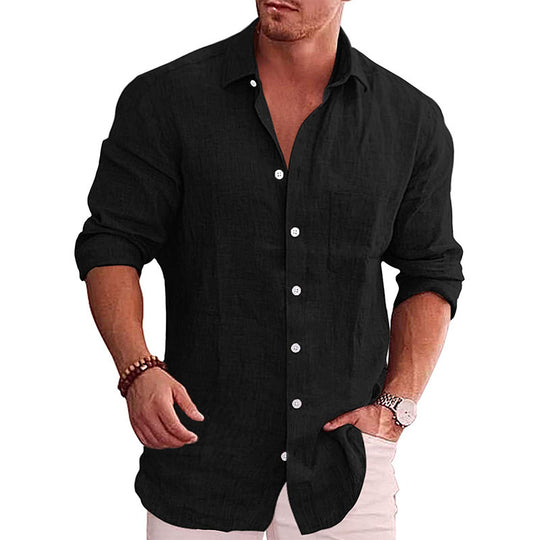 Herren lässiges Leinenhemd mit Brusttasche und Rollkragen R&B