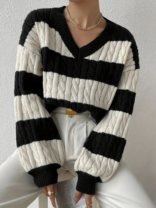 Damen V-Ausschnitt Strickpullover mit Rippstruktur und langen Ärmeln R&B