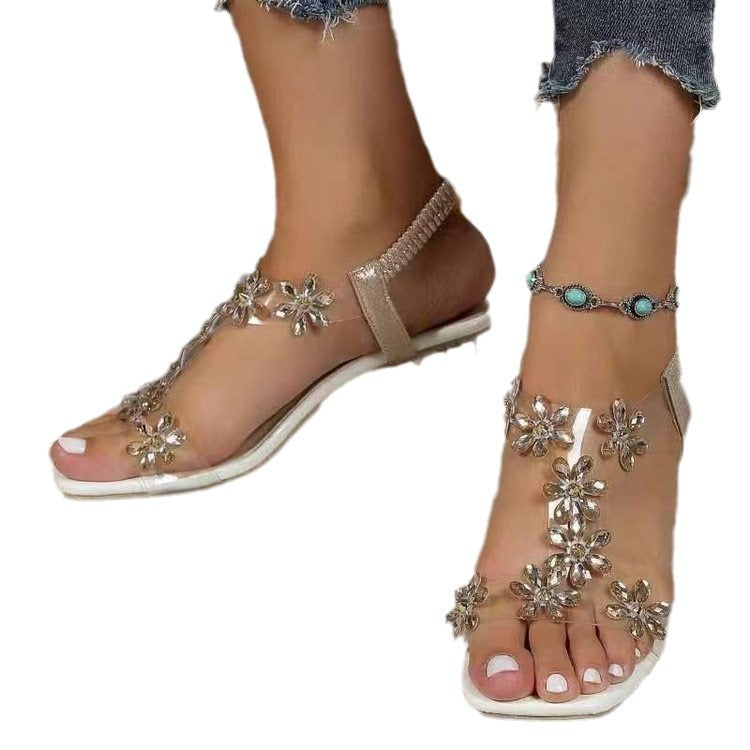 Damen Glamouröse Sandalen mit transparentem Blockabsatz und funkelnden Blumenapplikationen R&B