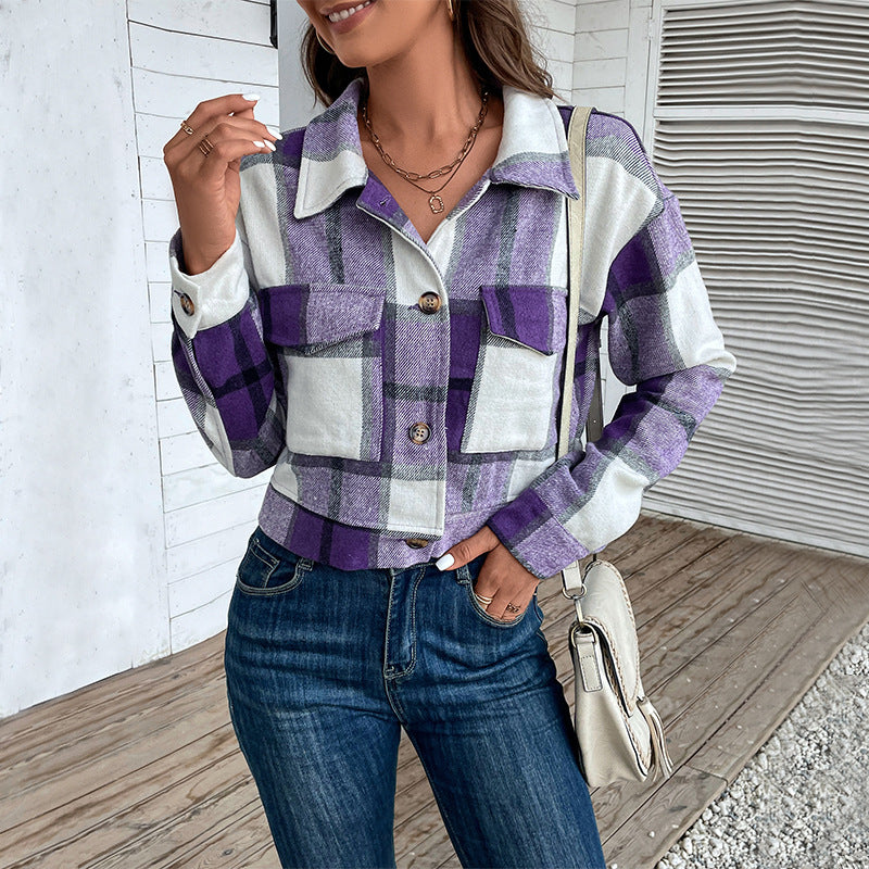 Damen Karierte Denimjacke mit Knöpfen und Brusttaschen R&B