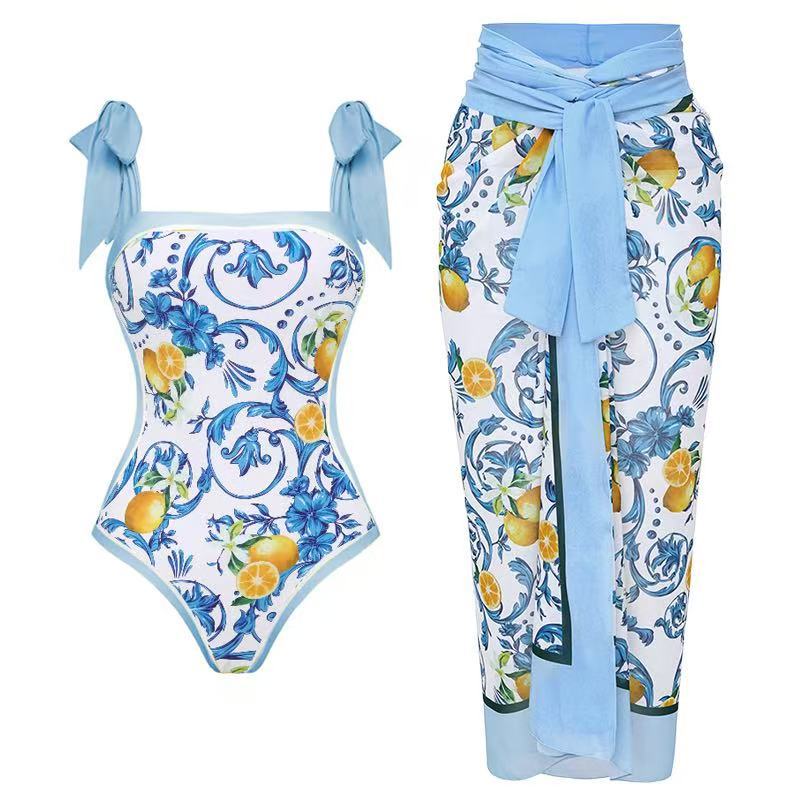 Damen Badeanzug mit floralem Design und transparentem Wickelrock R&B