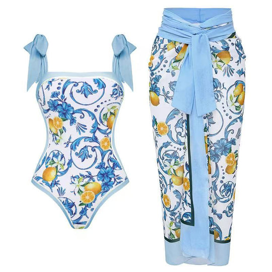 Damen Badeanzug mit floralem Design und transparentem Wickelrock R&B
