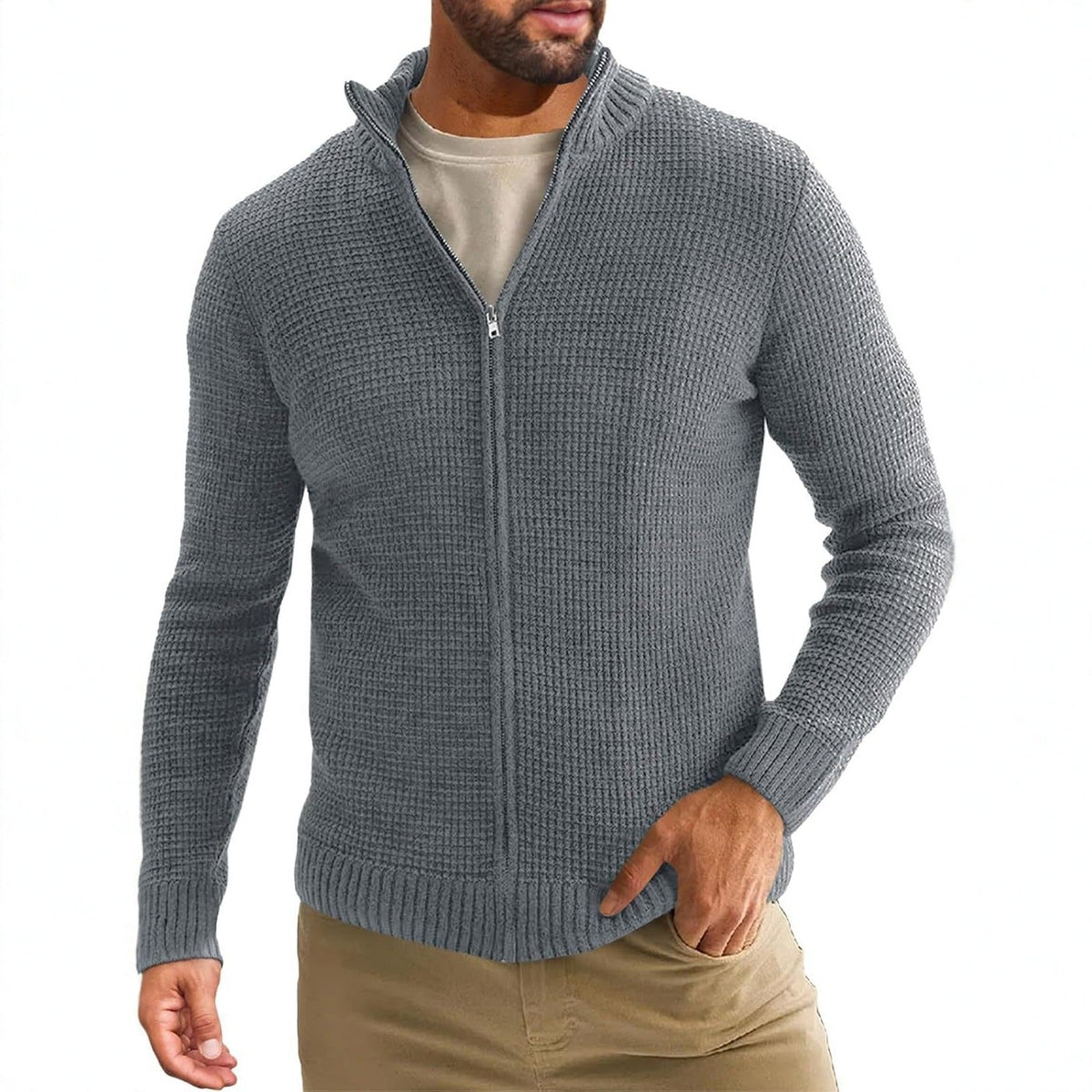 Herren Strickjacke mit hohem Kragen und praktischem Reißverschluss