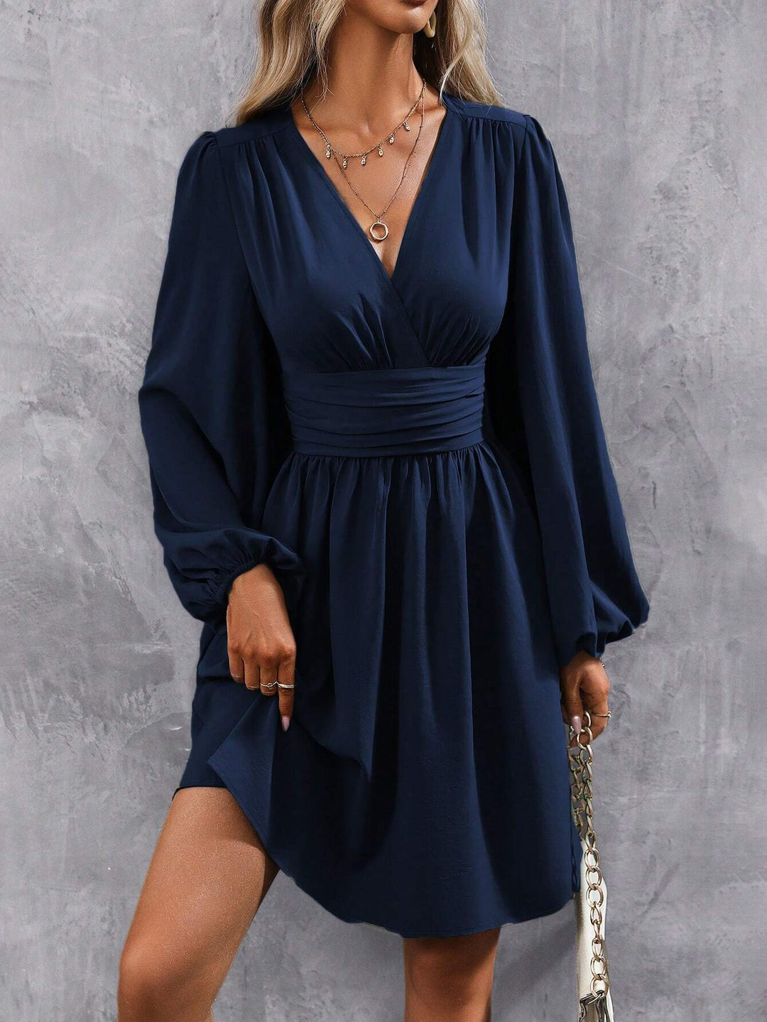 Damen Knielanges Wickelkleid mit eleganten Puffärmeln R&B