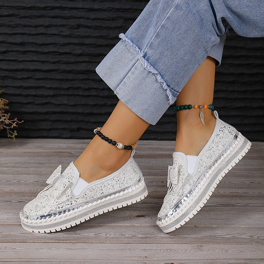 Damen modische Slip-On Sneakers mit glitzerndem Design und auffälliger Schleifenapplikation R&B