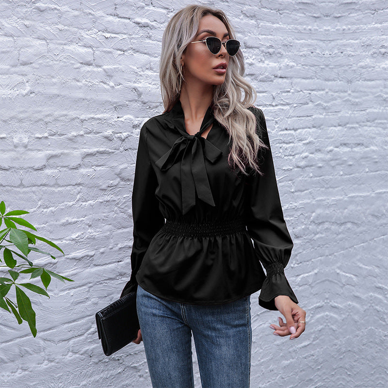 Damen elegante Bluse mit Schleifen-Ausschnitt und elastischem Bund R&B