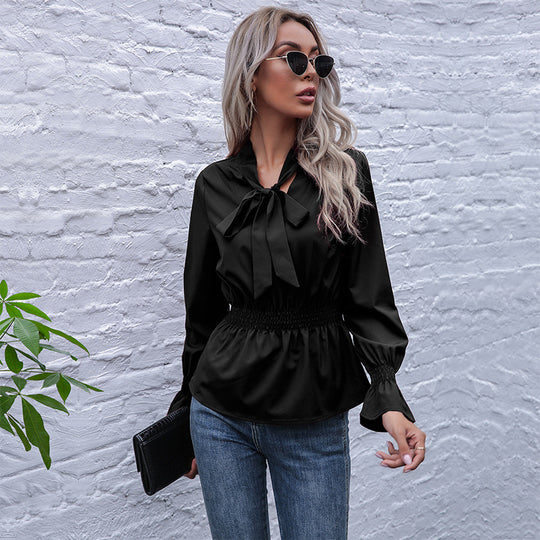 Damen elegante Bluse mit Schleifen-Ausschnitt und elastischem Bund R&B