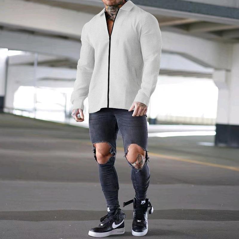Herren lässiges Kurzarm-Hemd mit strukturiertem Design und modernem Reißverschluss R&B