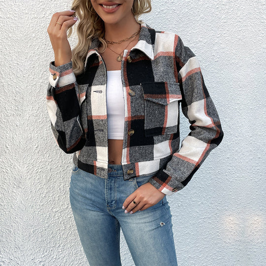 Damen Karierte Baumwolljacke mit modischem Schnitt und Taschen R&B