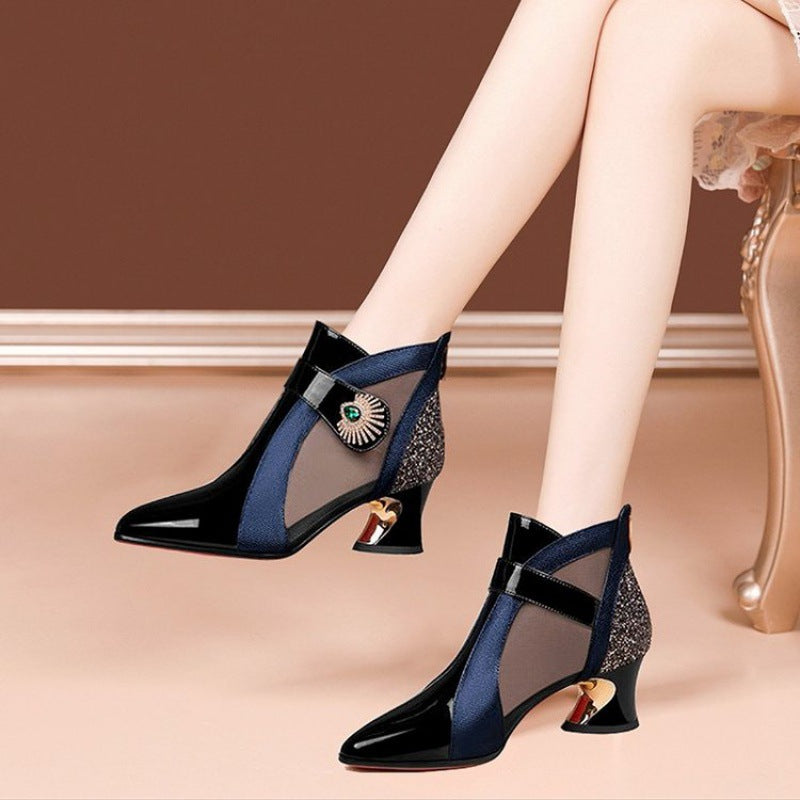 Damen nan elegante Netzstoff-Stiefelette mit Schmuckbesatz und geschwungenem Absatz R&B