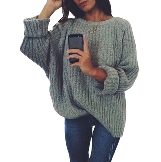 Damen Grobstrickpullover mit lockerem Schnitt und weitem Rundhalsausschnitt R&B