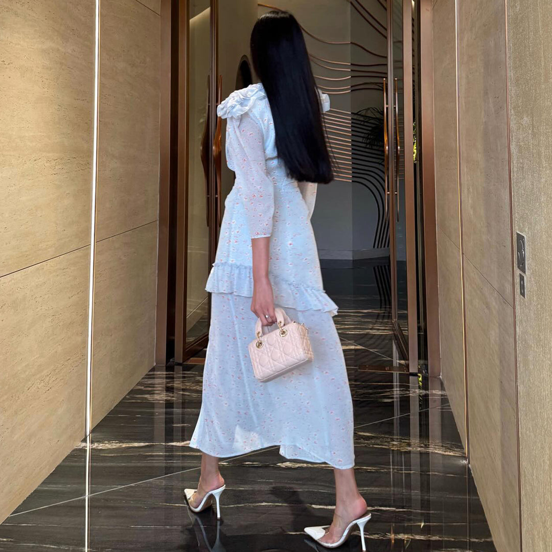 Damen Maxikleid mit floralem Design und voluminösen Rüschendetails R&B