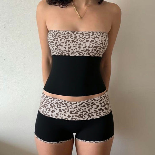 Damen Sportliches Crop-Top und Shorts-Set im modernen Leopardenmuster R&B
