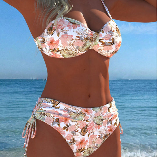 Damen Wickel-Bikini-Set mit floralem Design und hohem Bund R&B