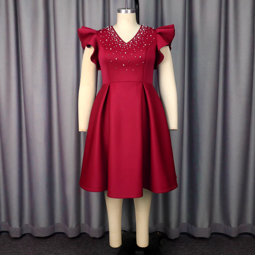 Damen A-Linien Kleid mit glitzernden Perlen und voluminösen Ärmeln R&B