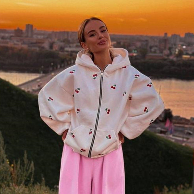 Damen Stylischer Kapuzenpullover mit fruchtigem Print und Reißverschluss R&B