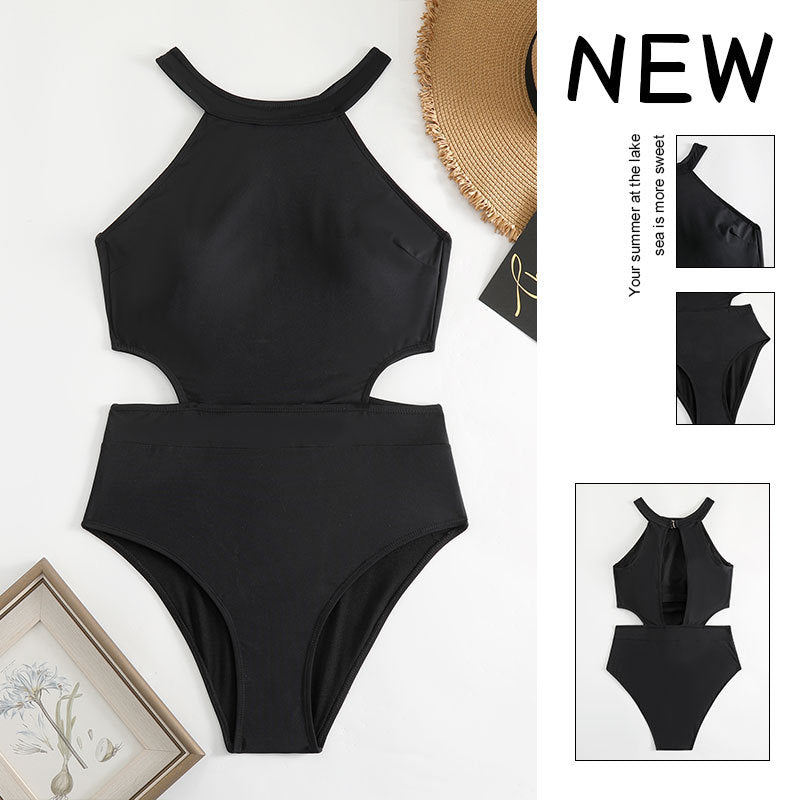 Damen Einteiler Badeanzug mit hohem Kragen und seitlichem Cut-Out