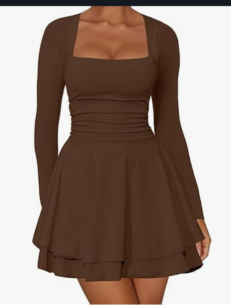 Damen Mini-Kleid mit langem Arm und voluminösem Rock R&B