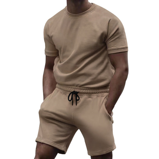 Herren nan kurzärmeliges Sweat-Set aus weichem Sweatstoff mit Rundhalsshirt und Kordelzug-Shorts R&B
