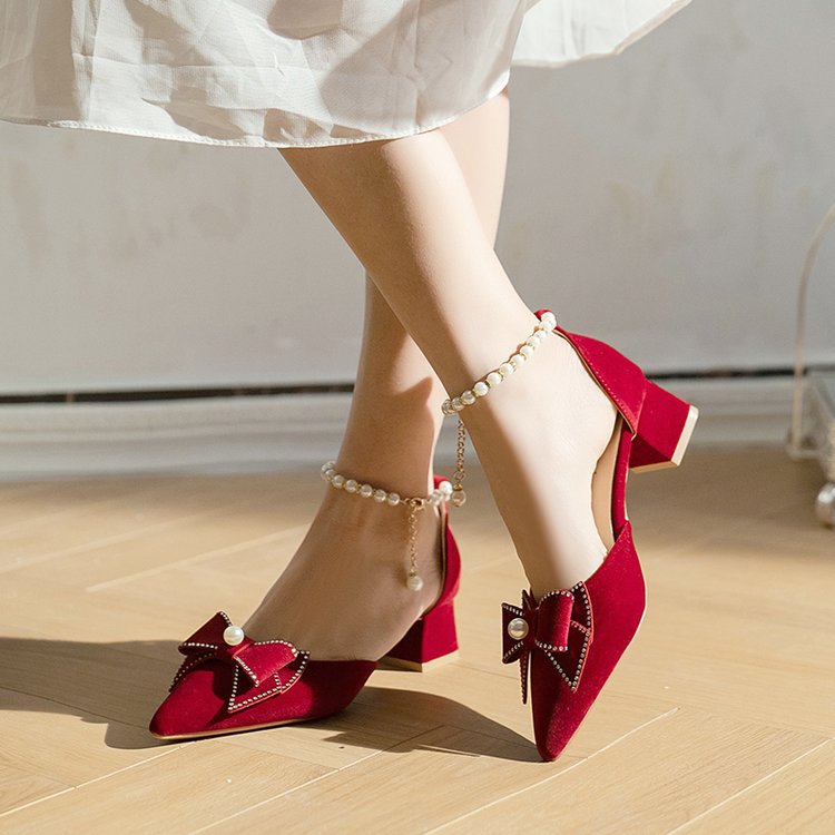 Damen elegante Pumps mit Perlenschleifen und Blockabsatz R&B