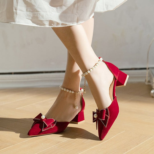 Damen elegante Pumps mit Perlenschleifen und Blockabsatz R&B