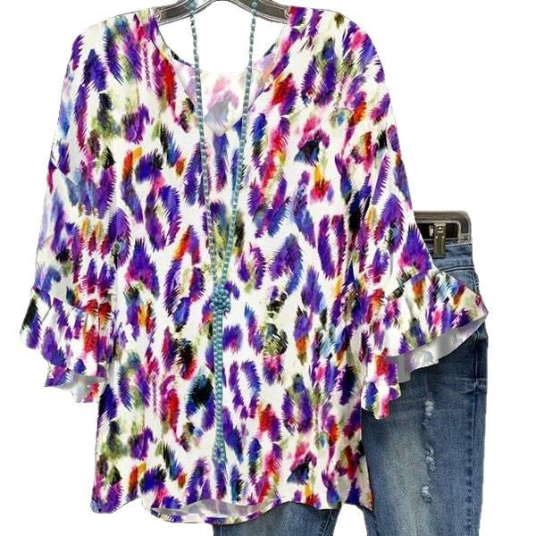 Damen Bluse mit voluminösen Ärmeln und farbenfrohem Muster R&B