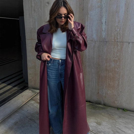 Damen elegante Kunstlederjacke mit voluminösen Ärmeln und Taillengürtel R&B