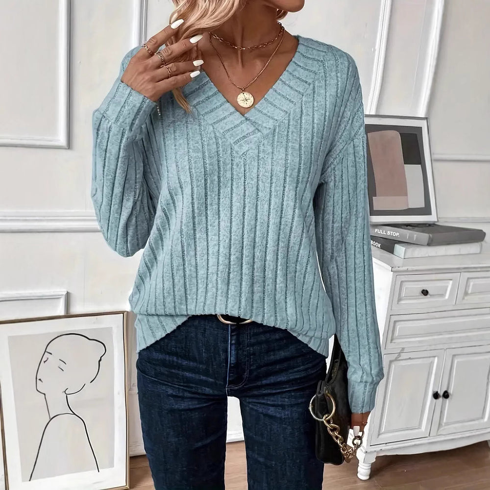 Damen Eleganter V-Ausschnitt Strickpullover mit Rippdesign R&B
