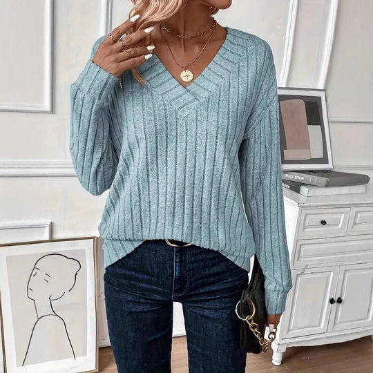 Damen Eleganter V-Ausschnitt Strickpullover mit Rippdesign R&B
