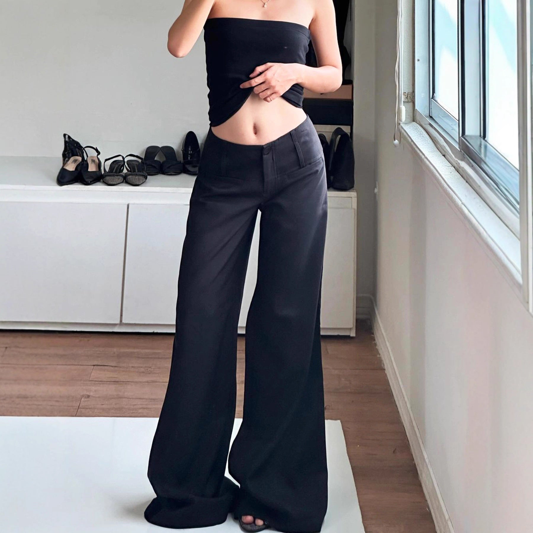 Damen Weite Flared-Hose mit hohem Bund und seitlichen Taschen R&B