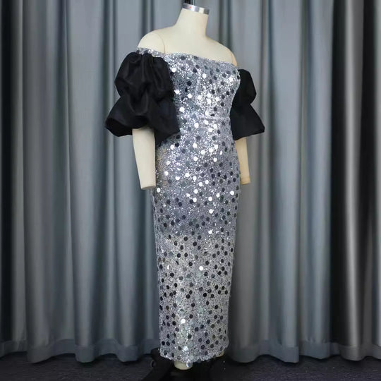 Damen Glitzerndes Abendkleid mit voluminösen Puffärmeln R&B