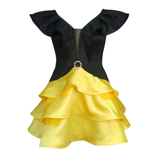 Damen Cocktailkleid mit voluminösem Rüschensaum und elegantem V-Ausschnitt R&B