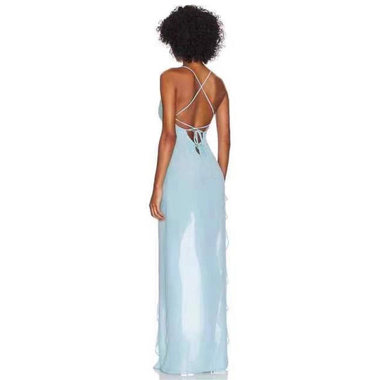 Damen elegantes Maxi-Kleid mit verführerischem Scherenschnitt und trägerlosem Design R&B
