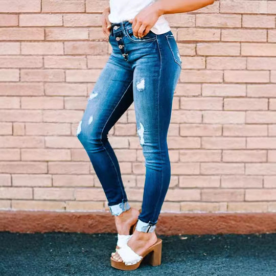 Damen High-Waist Skinny Jeans mit modischen Knopfdetails R&B