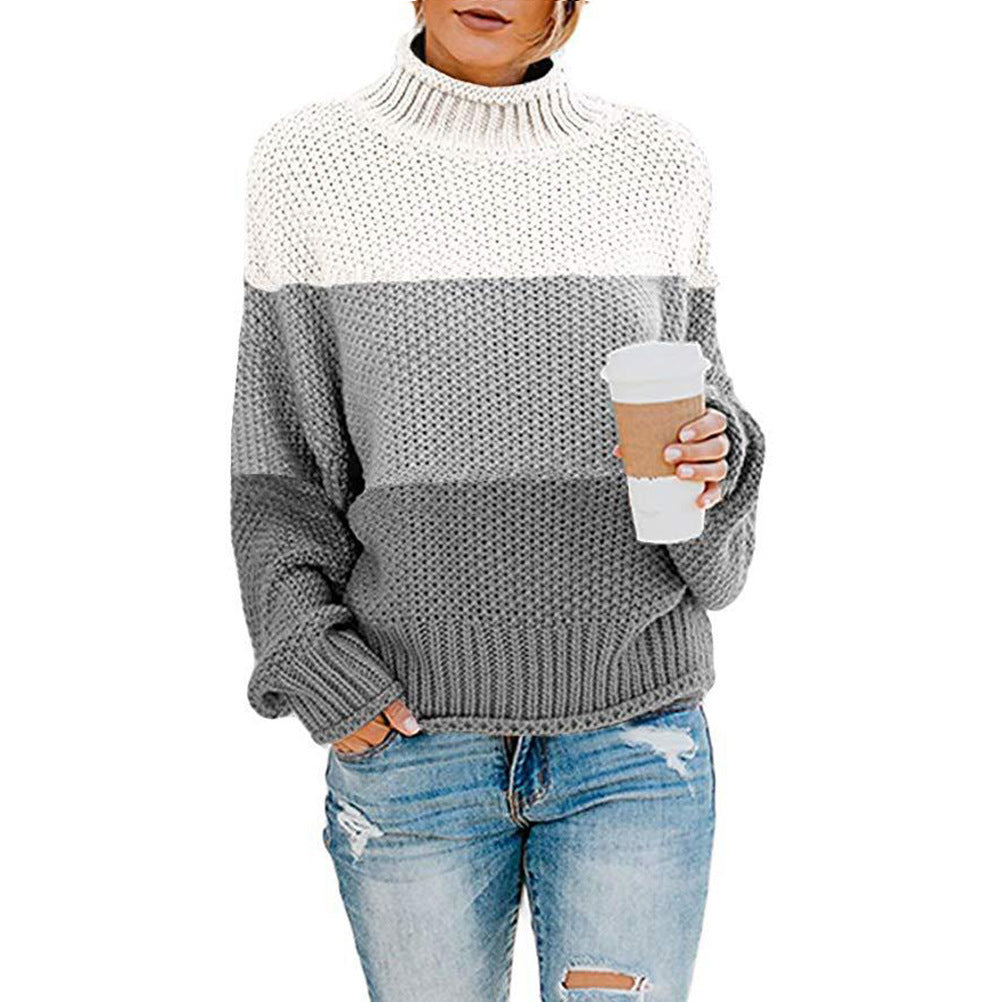 Damen Grobstrickpullover mit hohem Kragen und modischem Farbblockdesign R&B