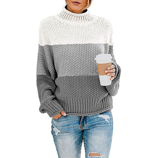 Damen Grobstrickpullover mit hohem Kragen und modischem Farbblockdesign R&B