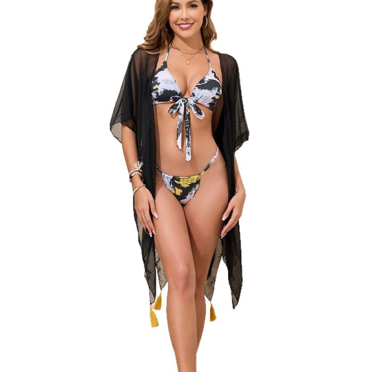 Damen Bademantel- und Bikini-Set mit trendigen Quasten R&B