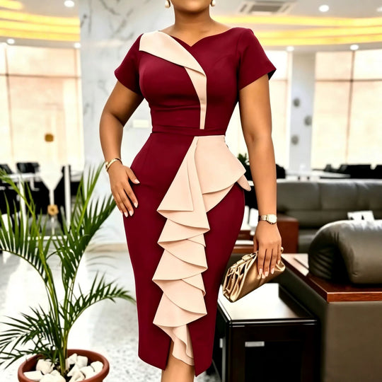 Damen Elegantes Midikleid mit asymmetrischem Rüschendesign R&B
