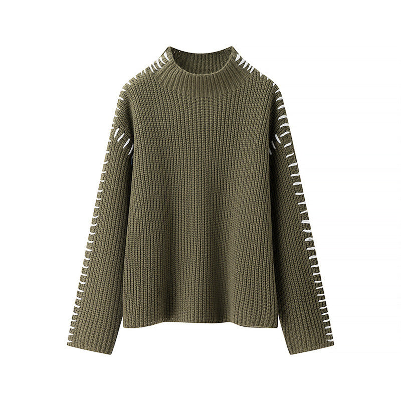 Damen Grobstrickpullover mit hohem Kragen und dekorativen Details R&B