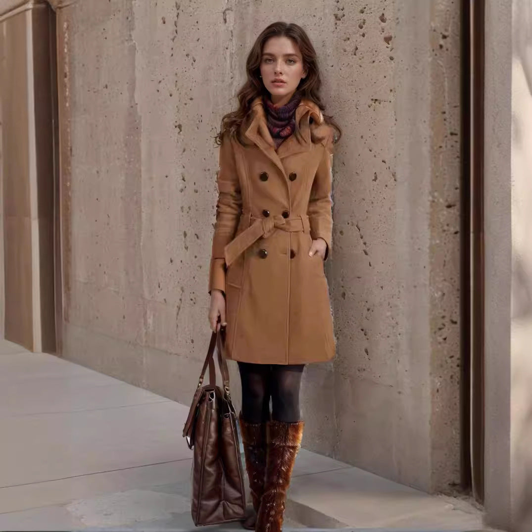 Damen eleganter Trenchcoat mit tiefem Revers und modischen Akzenten R&B