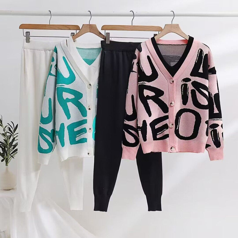 Damen gemütliches Strick-Loungewear-Set mit Dekorativem Schriftzug R&B
